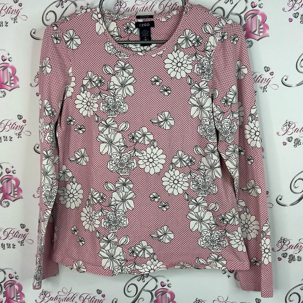 Izod long sleeve lace look flowers white black Pink Floral Sweatshirt